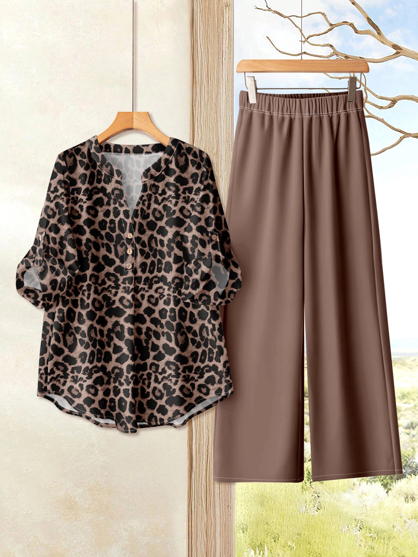 V Neck Button Elegant Loose Office Party 2 Pieces Set For Woman
