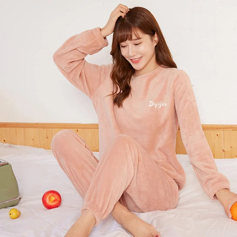 Warm Coral Fleece Pants Set Women's Loose Comfortable Home Wear Outerwear Versatile Lazy Girl Style Long Sleeve Cartoon Print