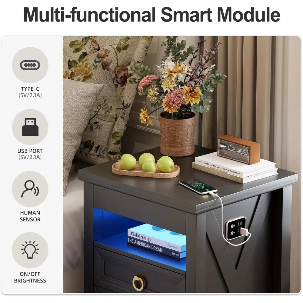Farmhouse Nightstand Set 2 with Gun Drawer,Bedside Table with Charging Station and Human Body Senor,3 LED Lights Night Stand