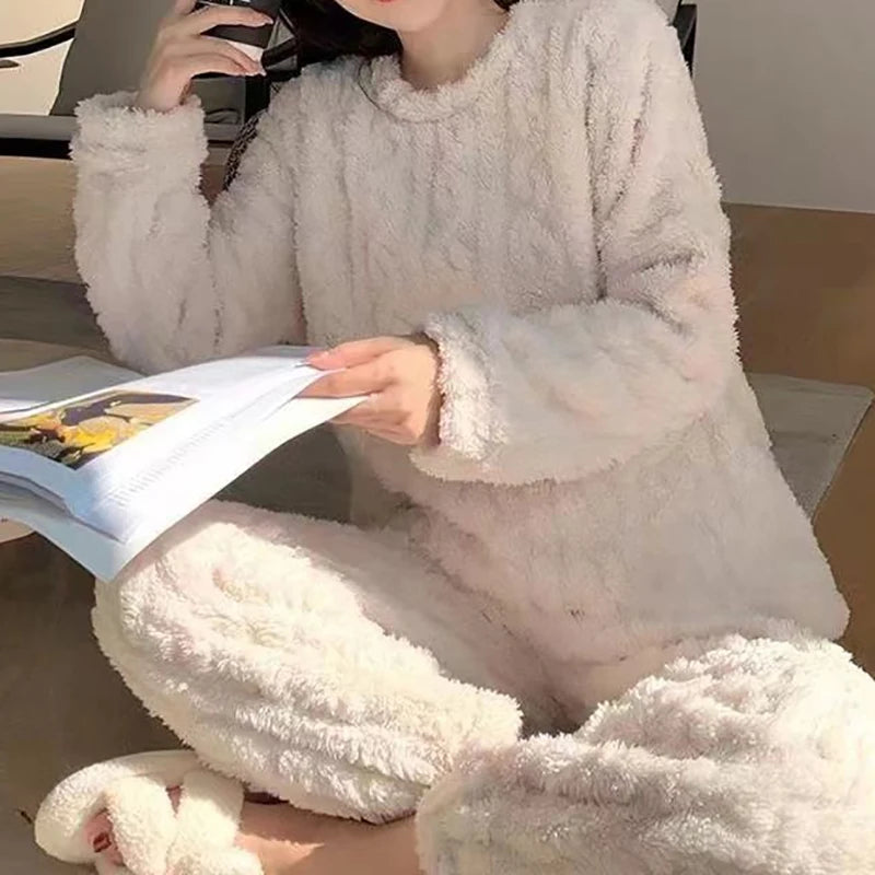 Autumn Women Solid Warm 1/2 Piece Sets Thicken Velvet Ribbed Fleece Set Pullover And Pants Women Casual Pajama Sets 2025