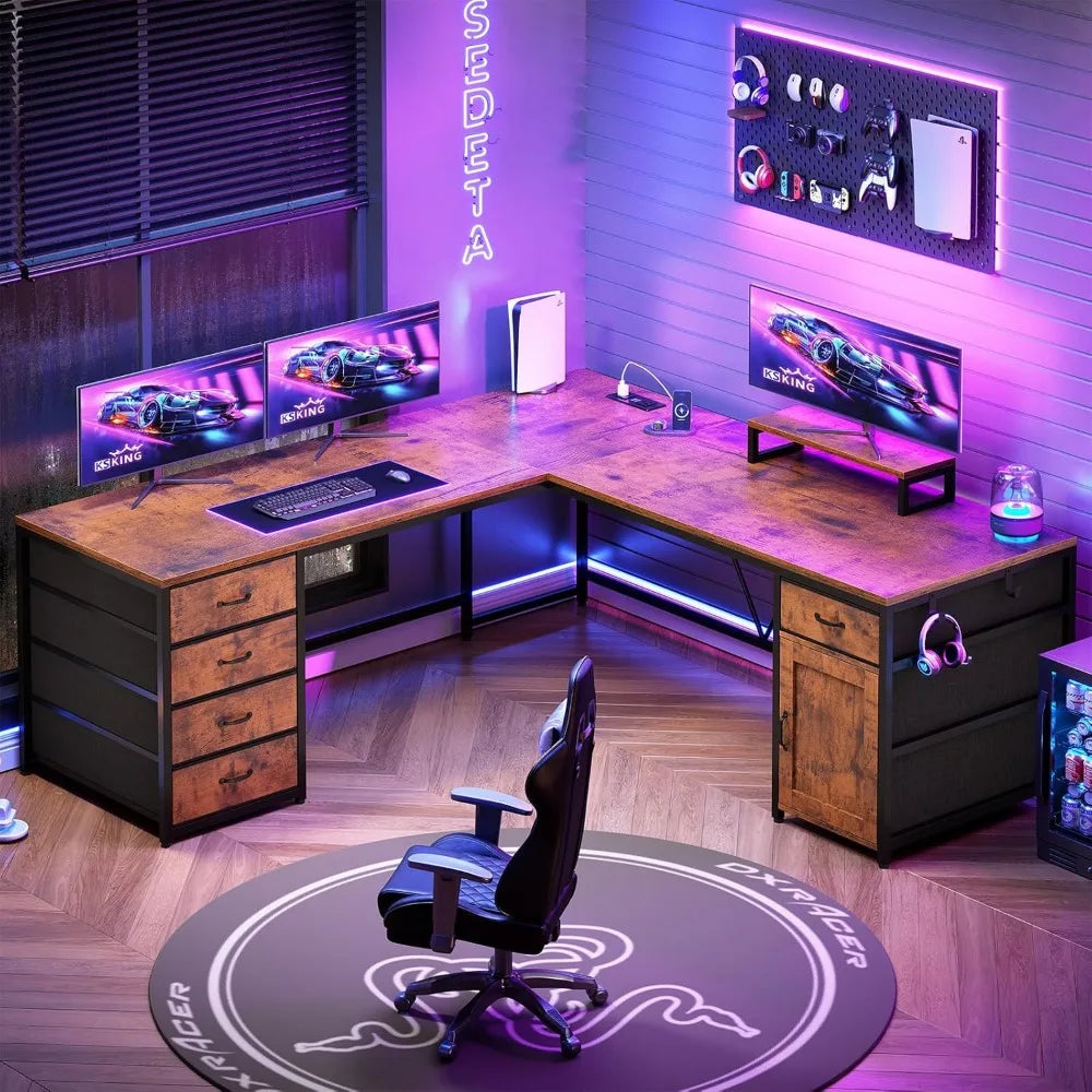 L Shaped Desk, 63" Computer Desk with 5 Drawer & Power Outlet, Long Home Office Desk or Corner Desk, L Shaped Corner Desk with