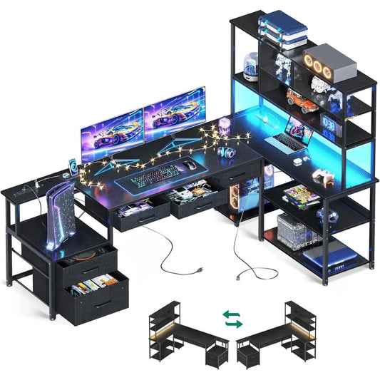 79 inch L Shaped Desk with File Drawers, Reversible L Shaped Gaming Desk with Power Outlets & LED Lights, Computer Desk with St