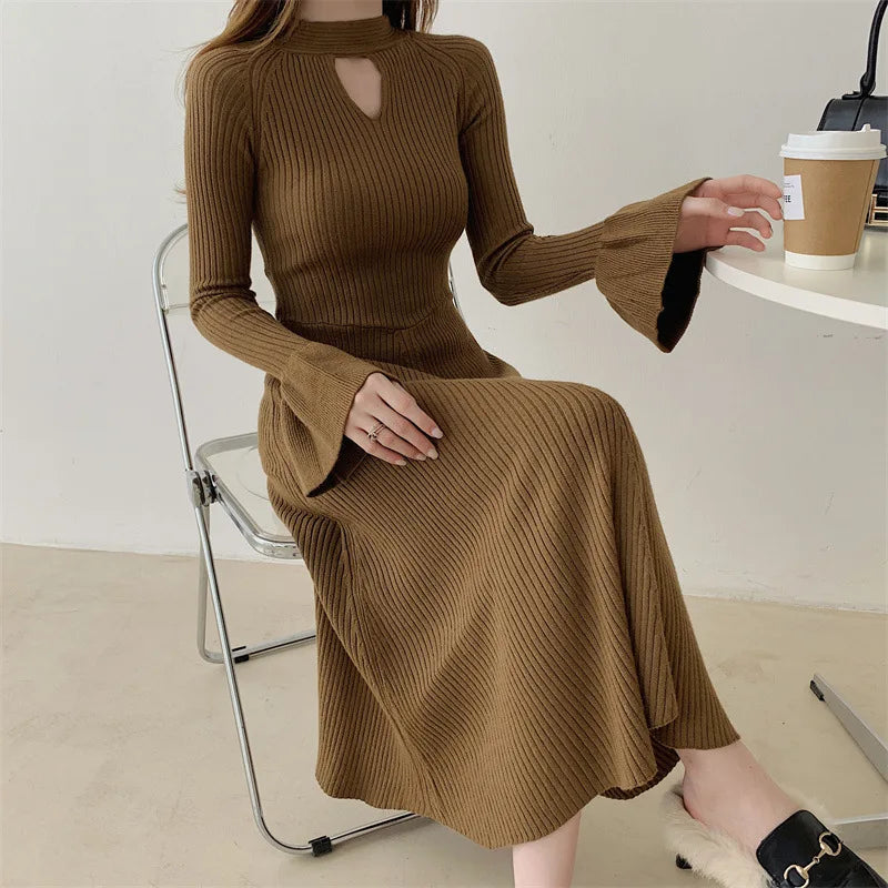 Elegant V-Neck Knitted Dress Slimming Long Skirt High Waist Bell Sleeve Unique Design Autumn Winter Women's Fashion Dress