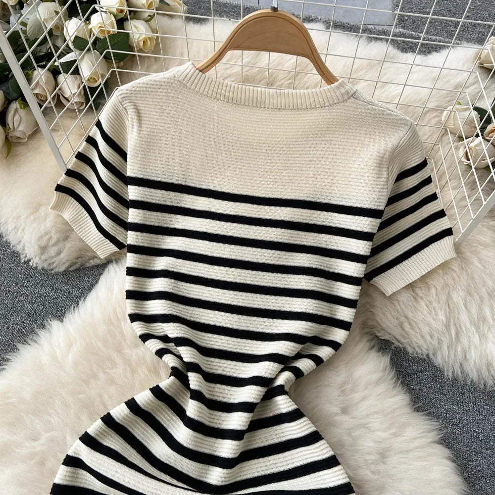 Knitted Dress O Neck Short Sleeves Chic Hotsweet Slim Sundress Streetwear Y2K Bodycon Midi Dress