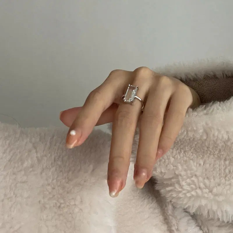 Designer original silver inlaid rectangular white crystal rings for women simple fashion high-end engagement party jewelry
