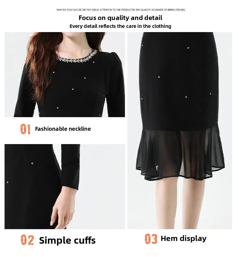 Fall Fashion Heavy Duty Rhinestone Splice Slimming Chiffon Mermaid Dress