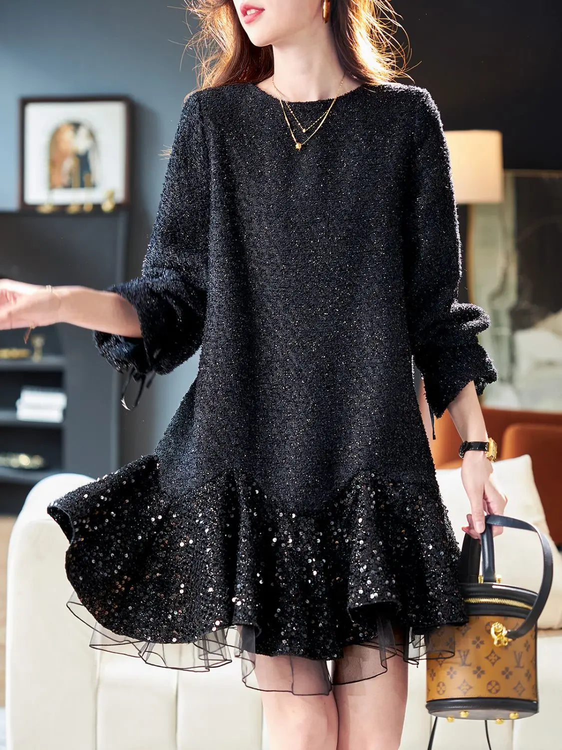 Autumn New Fashion Office Lady Mini Dress Elegant O-Neck Lantern Sleeve High Waist Sequined Lace Slim A-Line Party