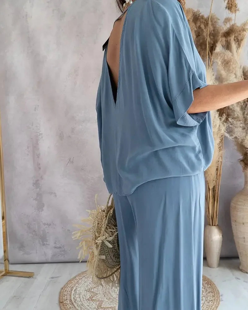 Casual Loose Two Piece Set Women Fashion V-neck Pants Sets Women Elegant Batwing Sleeve Homewear Outfits 2 Piece Sets