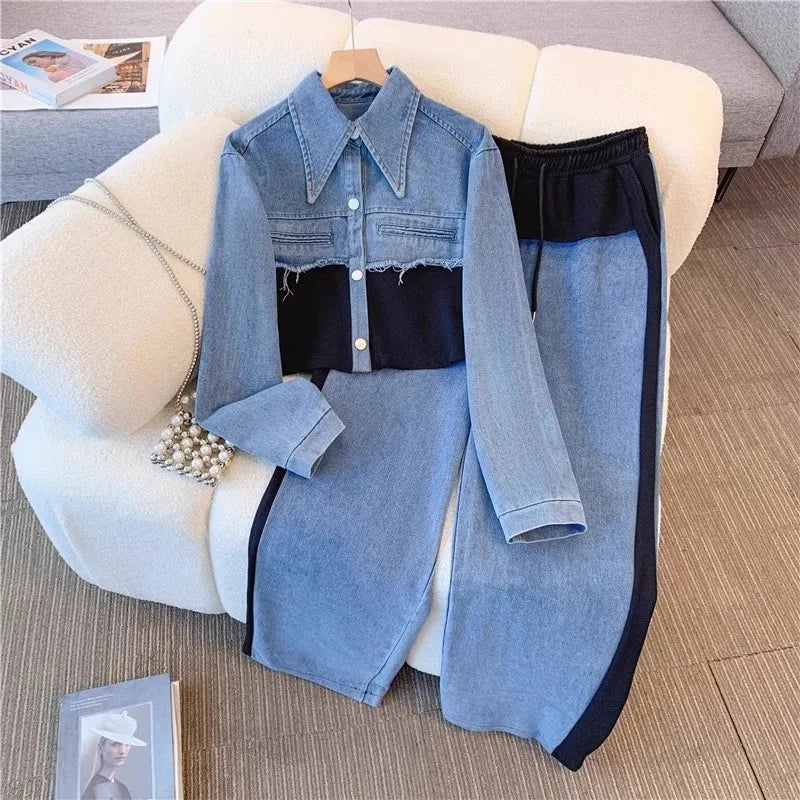 Two Piece Sets Women Pant Set Denim Splice Matching