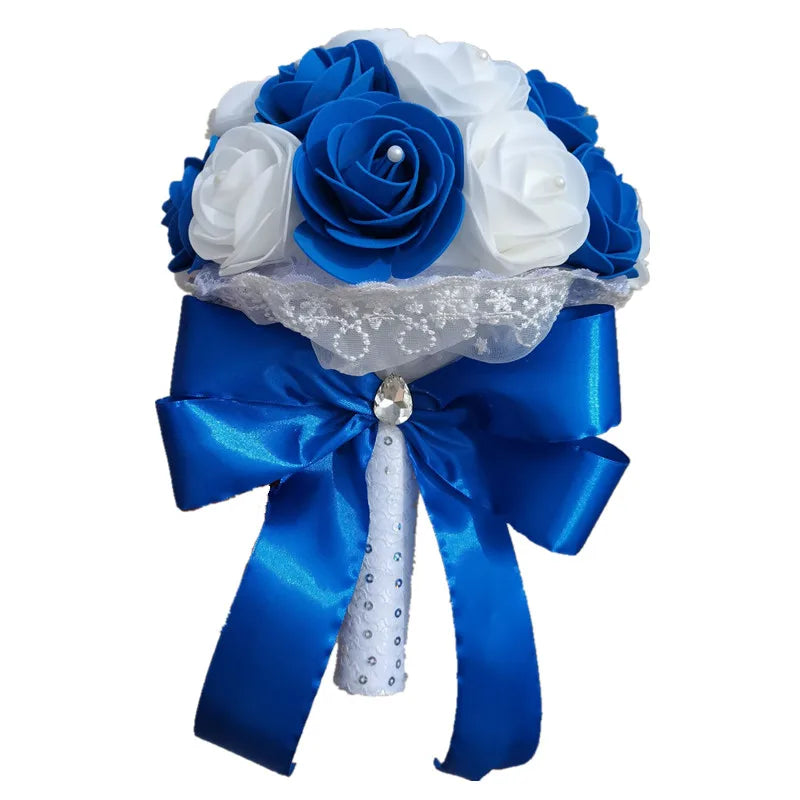 YO CHO Bridal Wedding Bouquet Artificial PE Rose Flower Fake Pearl Bouquet Blue Bridesmaid Marriage Wedding Supplies Decorations
