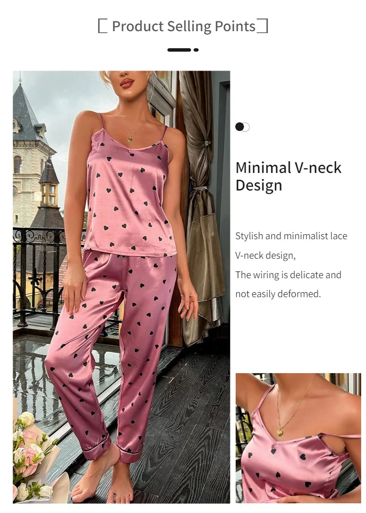 Women Satin Silk Pajamas Sets Letter Print Cami Vest Shirt