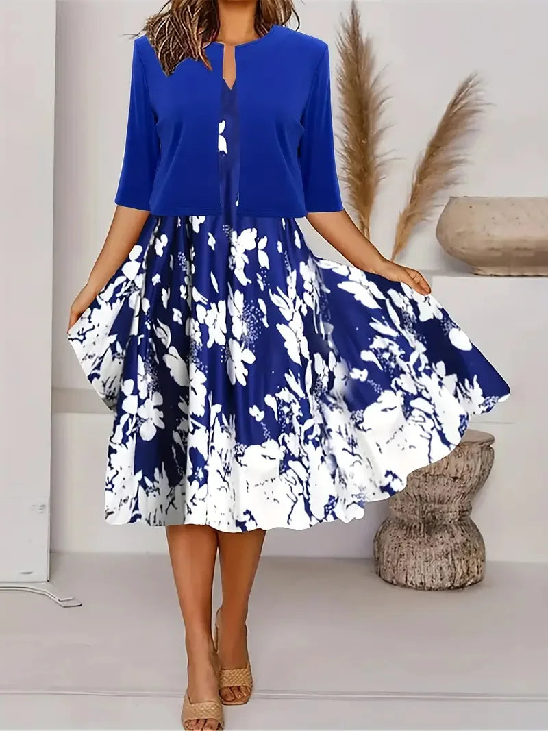 Casual V-neck Sleeveless Floral Print Long Dress For Women Half Sleeve Short Cardigan Suit Loose Midi Dresses Elegant Sets
