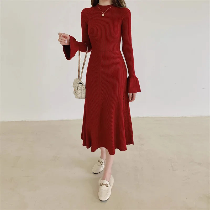 Elegant V-Neck Knitted Dress Slimming Long Skirt High Waist Bell Sleeve Unique Design Autumn Winter Women's Fashion Dress