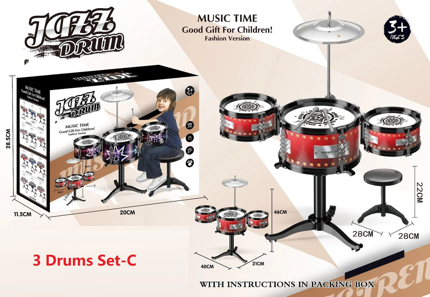 Jazz Drum Set for Kids 3 Drums / 5 Drums with Small Stool Drum Stick Set Music Instrument Educational Toys for Beginners Gifts