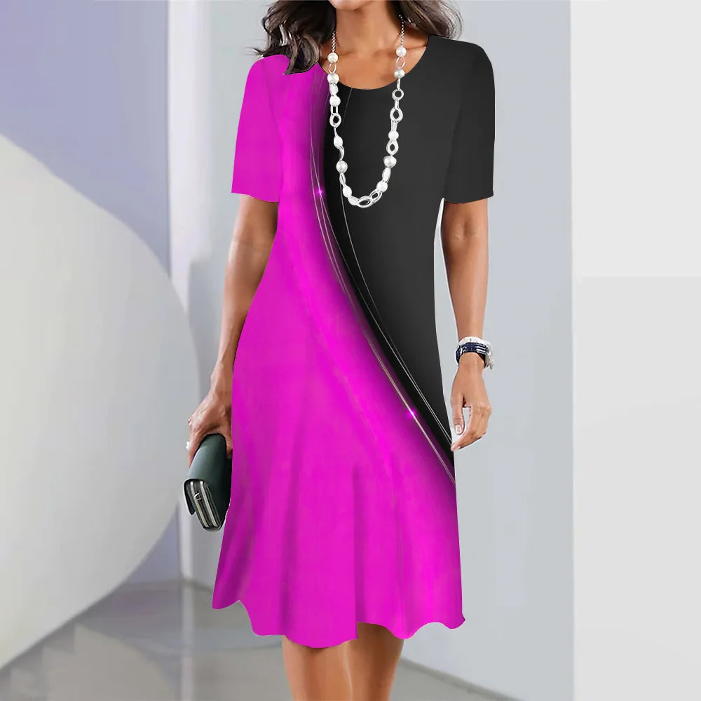 New Women's Dresses Striped Printed Elegant Casual O Neck Short Sleeve  Dresses Fashion Ladies Plus Size Clothing