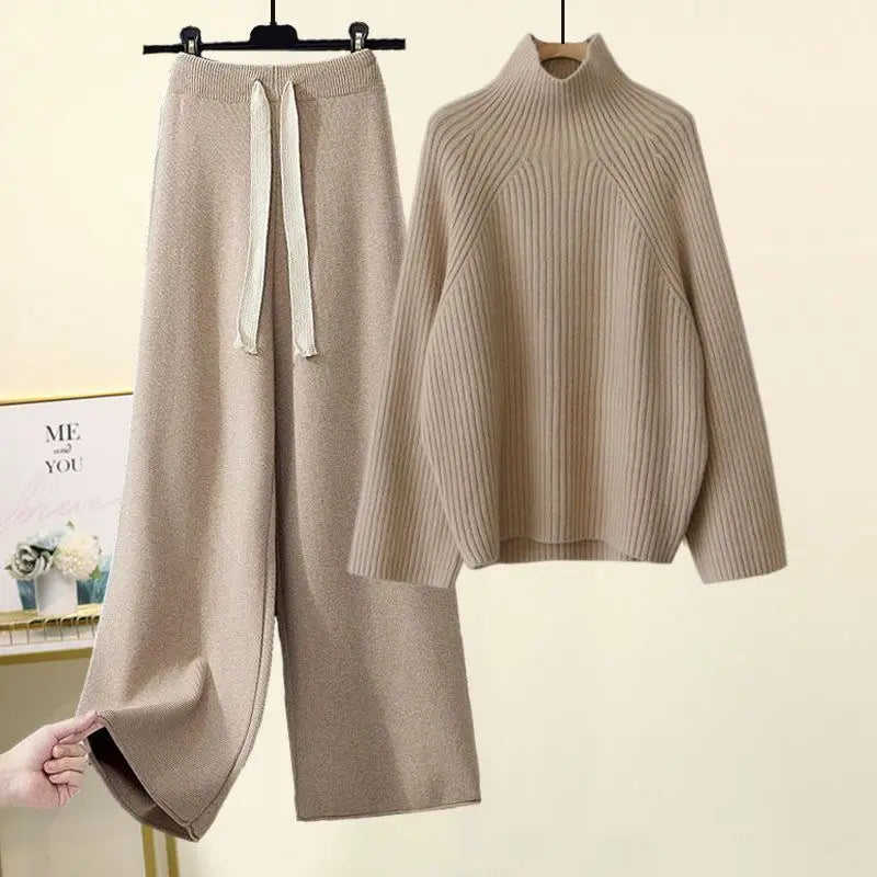 Plus Size Autumn Winter Women's Set New Lazy Style Sweater And Slimming Casual Pants Two Piece Set Trendy Elastic Knitted Fabric