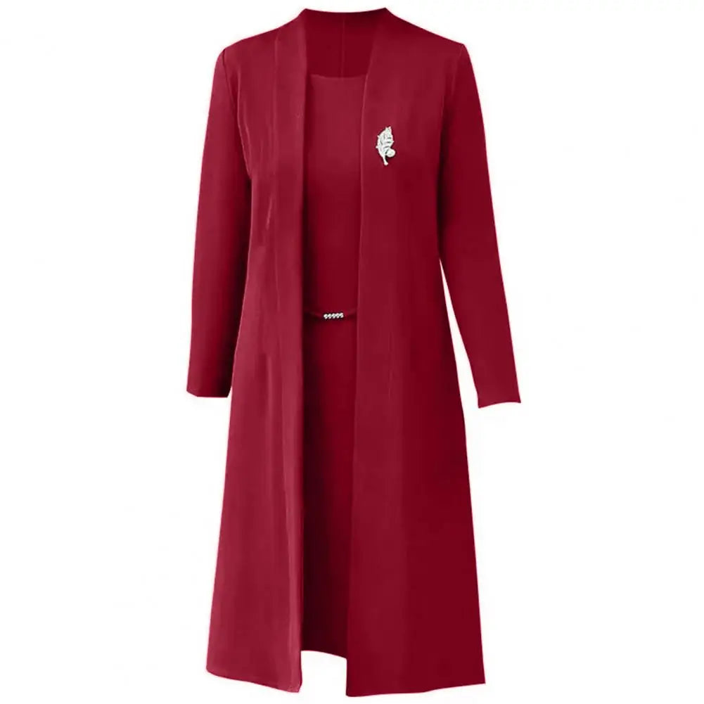 Women Dress Coat Suit Elegant Long Coat Dress Set Middle-age Women Formal Suit Set Long Cardigan O Neck Sleeveless Dress