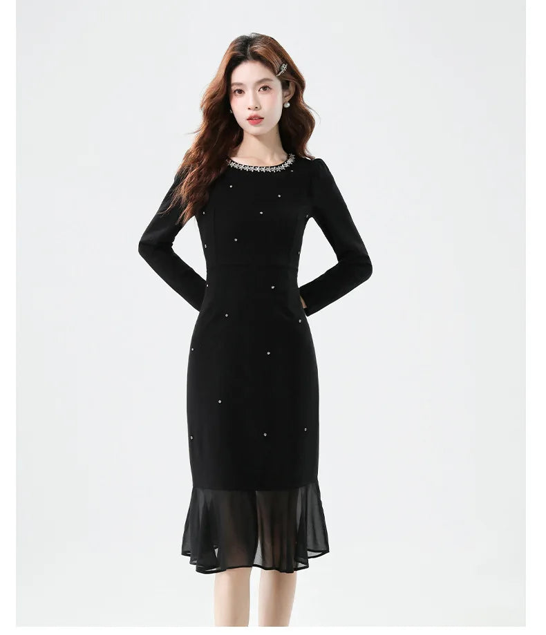 Fall Fashion Heavy Duty Rhinestone Splice Slimming Chiffon Mermaid Dress