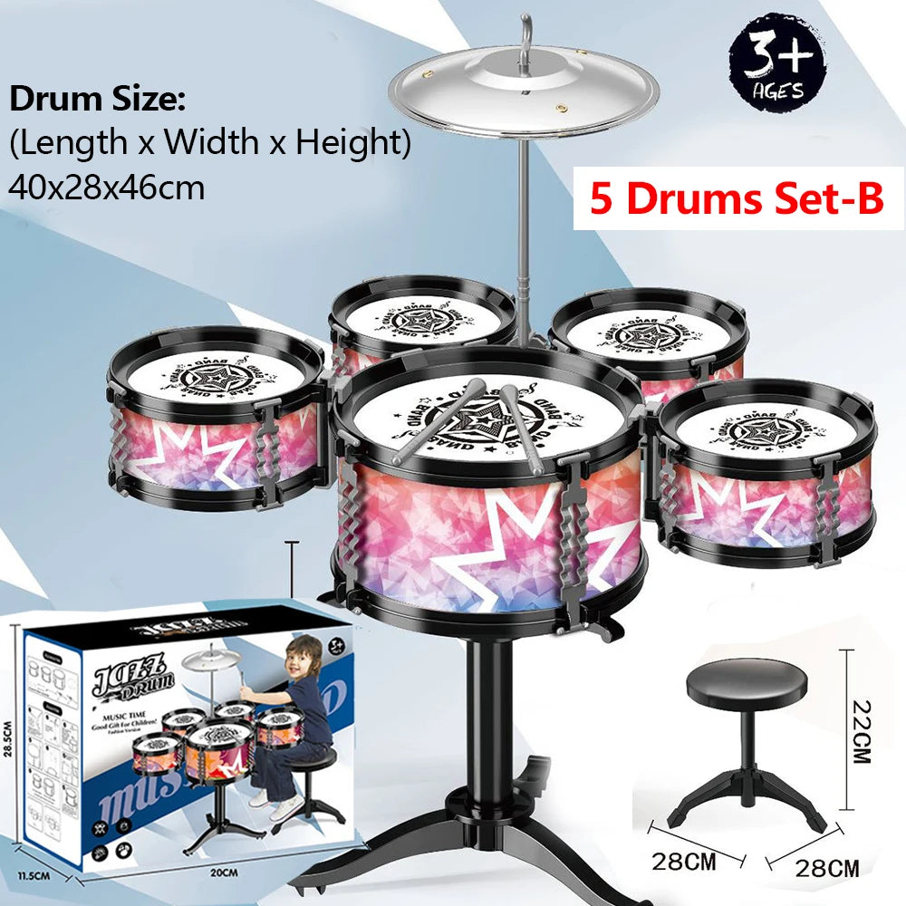 Jazz Drum Set for Kids 3 Drums / 5 Drums with Small Stool Drum Stick Set Music Instrument Educational Toys for Beginners Gifts