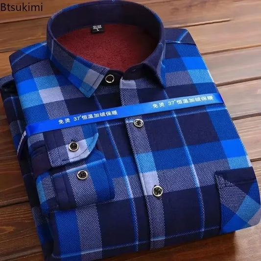 2025 Men's Autumn Winter Thick Warm Long Sleeve Plaid Shirt