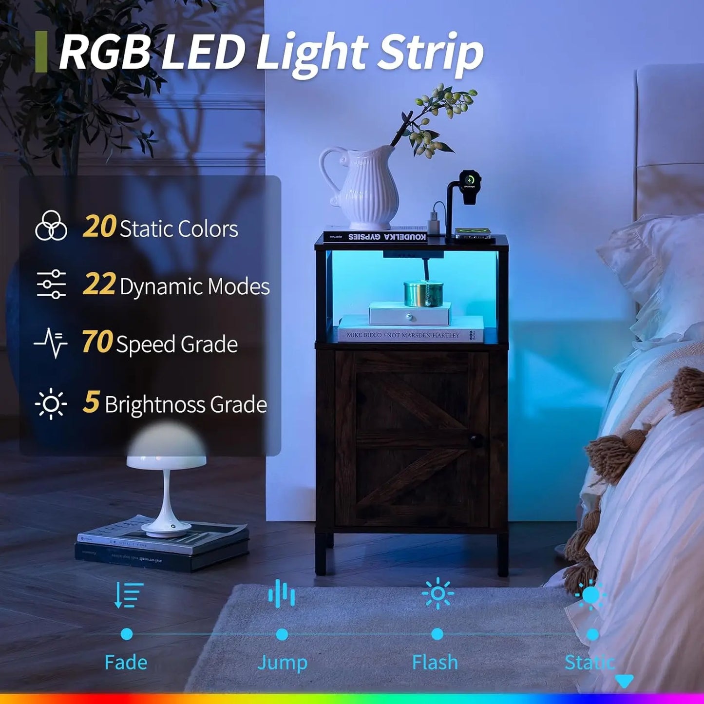 Farmhouse Nightstand with Charging Station, Wood Night Stand End Table with USB Ports, LED Bed Side Table with Storage Cabinet,