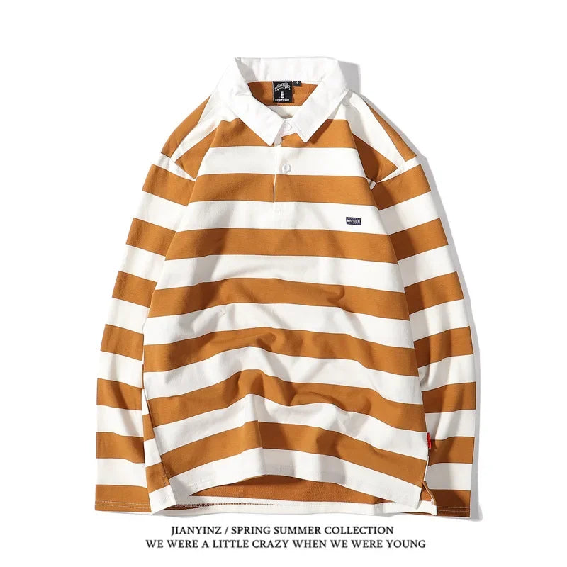 Minimally striped printed mens collar T-shirt autumn business casual long sleeved top comfortable breathable loose collarT-shirt