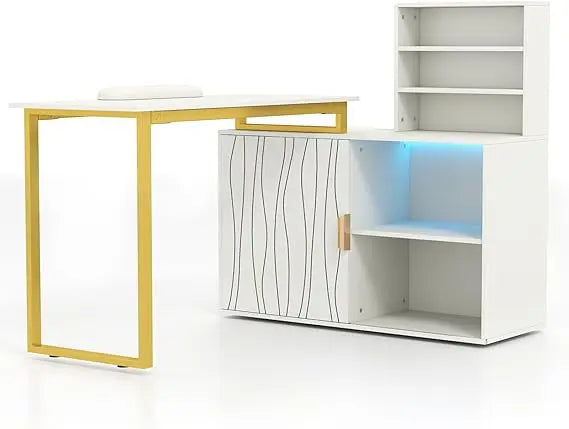 Nail Table, Manicure Table, Nail Station, Open Shelves, Remote Control LED Light, Sliding Door Cabinet, Salon Equipment,AC Outl