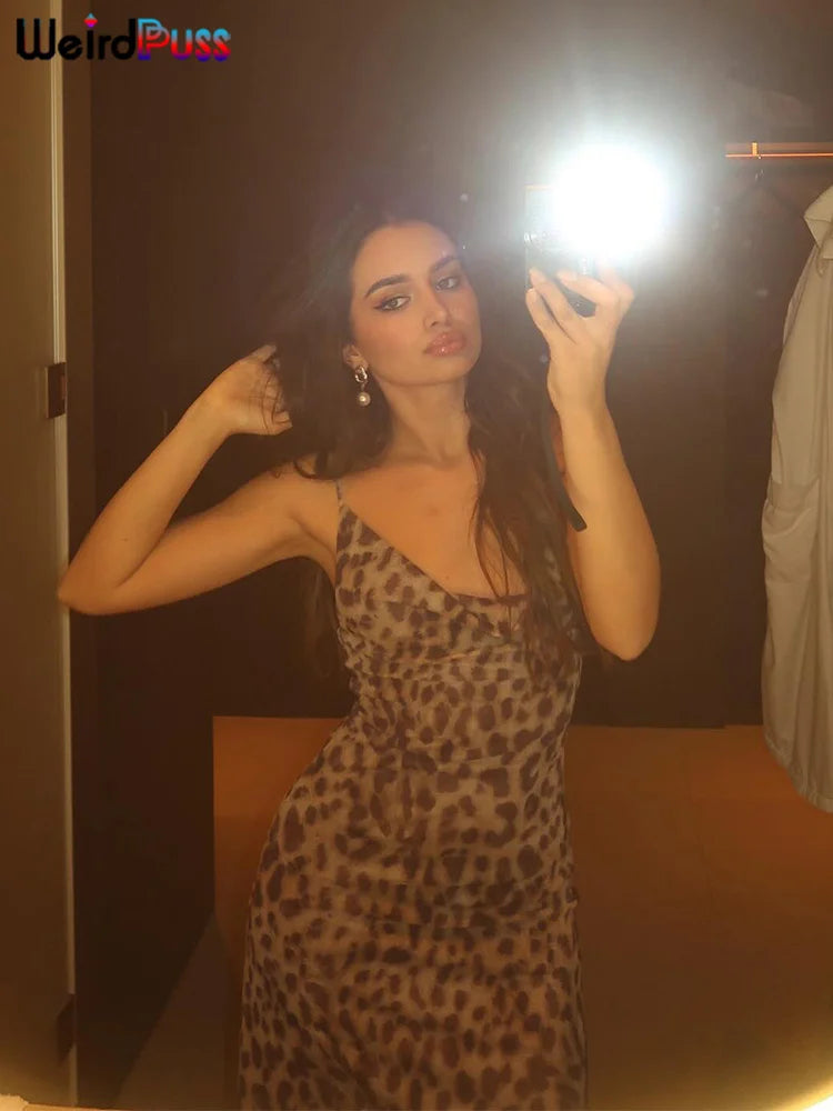 Weird Puss Leopard Print Dress Woman Summer Sexy Swing Collar Spaghetti Straps Backless Ruffles Party Clubwear Skinny
