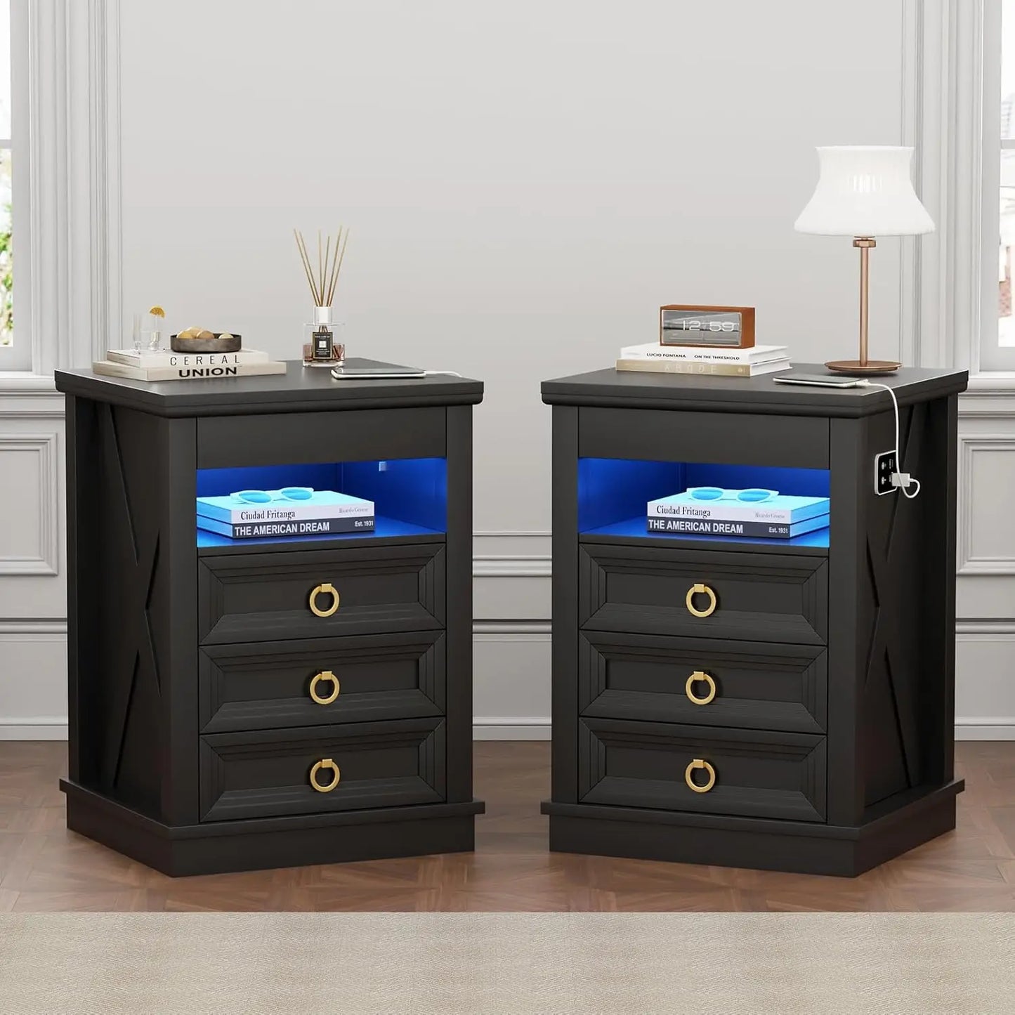 Farmhouse Nightstand Set 2 with Gun Drawer,Bedside Table with Charging Station and Human Body Senor,3 LED Lights Night Stand