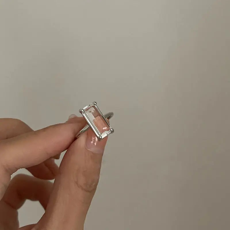 Designer original silver inlaid rectangular white crystal rings for women simple fashion high-end engagement party jewelry