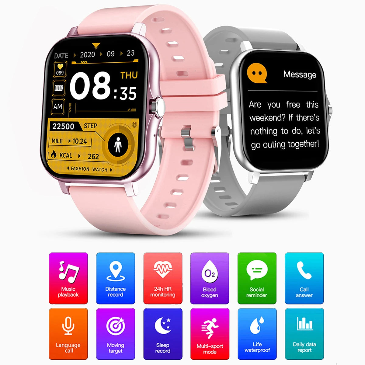 +3pc Straps Smart Watch Women Men Smartwatch Square