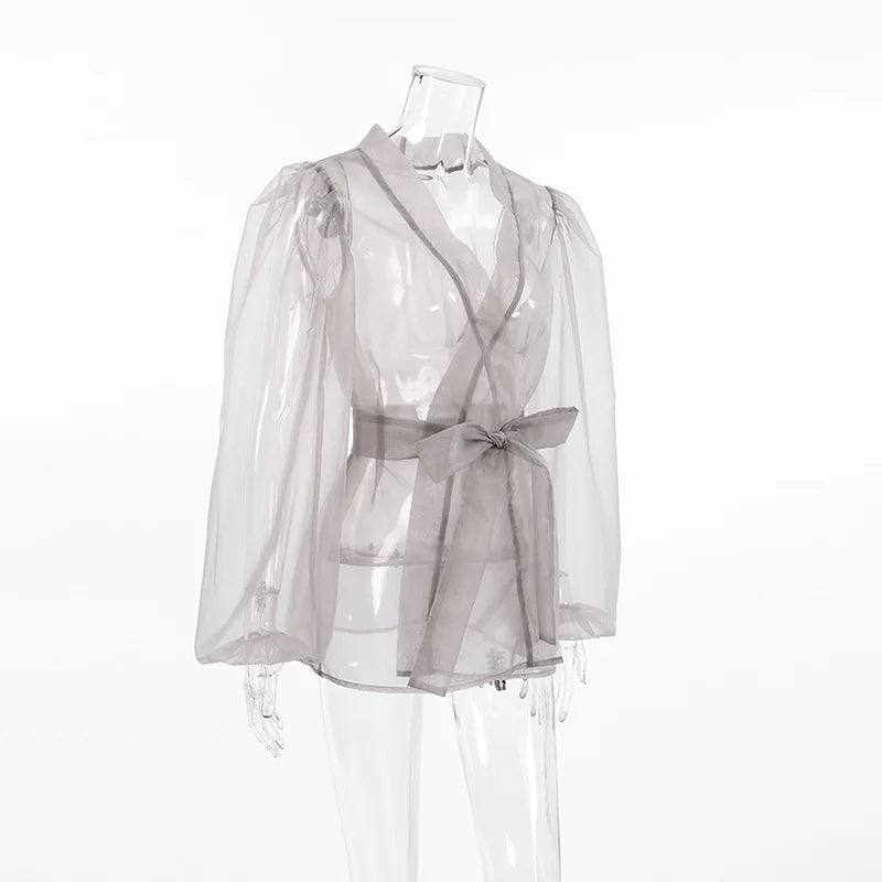 2023 Spring Summer Women Elegant Long Sleeve Solid Grey Mesh Shirt Ladies Sheer Chiffon Blouse For Woman Female
