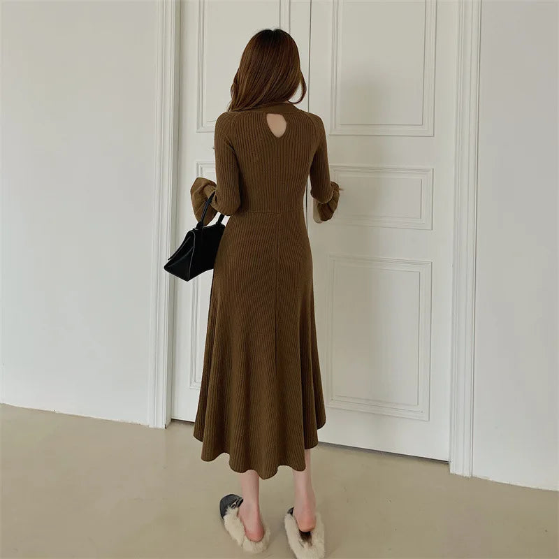 Elegant V-Neck Knitted Dress Slimming Long Skirt High Waist Bell Sleeve Unique Design Autumn Winter Women's Fashion Dress