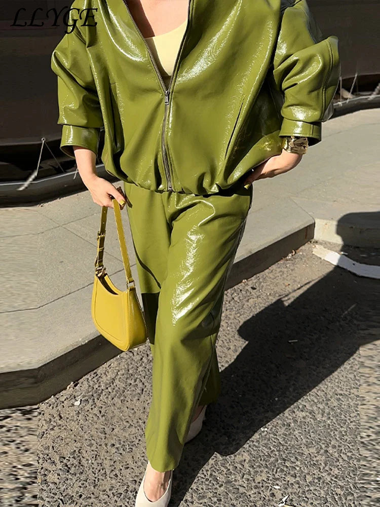 Street Green Leather Jacket Skirt Sets Women Stand Collar Zipper Pleated Coat Spliced Long Skirts Outfits