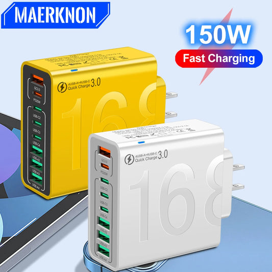 Multi Ports USB Charger 150W PD Fast Charging Phone Charger Adapter For iPhone 15 Samsung Xiaomi Type C EU/US Plug Wall Charger