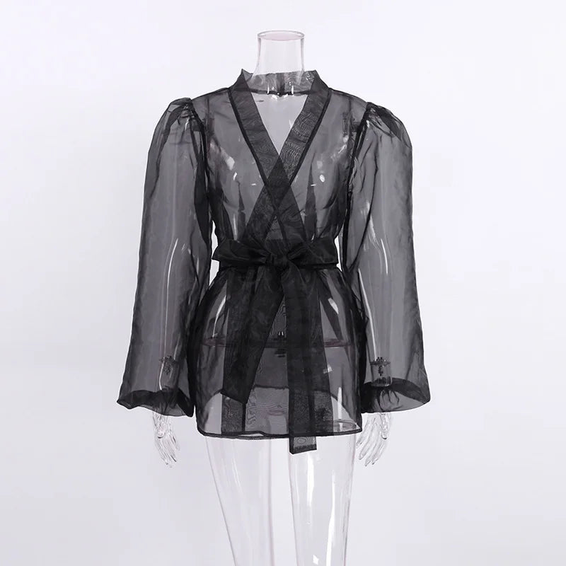 2023 Spring Summer Women Elegant Long Sleeve Solid Grey Mesh Shirt Ladies Sheer Chiffon Blouse For Woman Female
