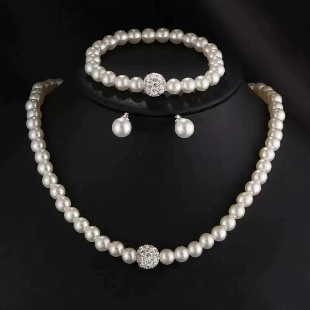Set 3pcs Classic Trendy Pearl Crystal Necklace Bracelet Earring for Women Luxury Wedding Bride Set Jewelry Gifts