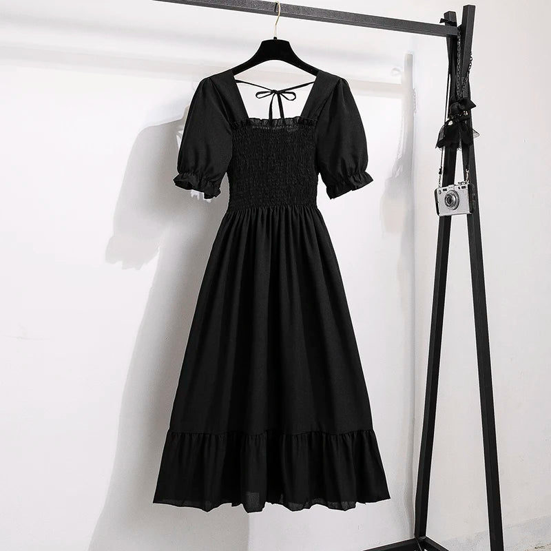 Spring Summer Chiffon Dresses Fashion Female Elastic Waist Short Sleeve Pleated Casual Dress Women A-line Dresses