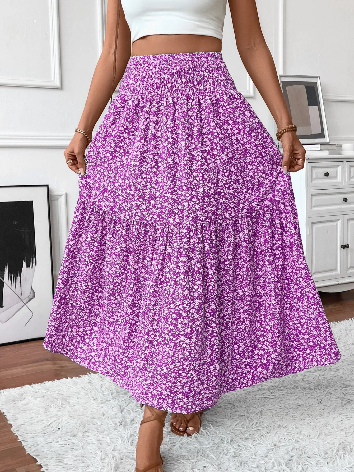 Women New Classic Printed Skirt Retro High Waist Long Skirt Casual Stylish Loose Beach Skirt Elegant Ladies Floral Pleated Skirt