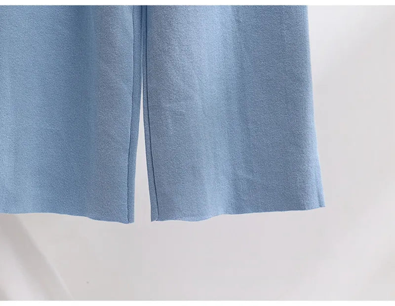Loose Knitwear 2 Pieces Sets Women Striped Long Sleeve Knit Pullover Tops Conjuntos Korean High Waist Wide Leg Pants Tracksuit
