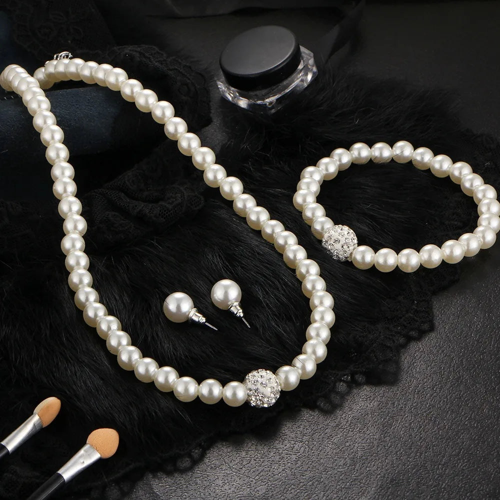 Set 3pcs Classic Trendy Pearl Crystal Necklace Bracelet Earring for Women Luxury Wedding Bride Set Jewelry Gifts