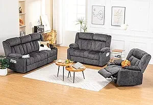 Manual Recliner Chair Set，Fabric Reclining Sofa Chair with Cup Holders, Upholstered Recliner with Side Pockets Suitable for Liv