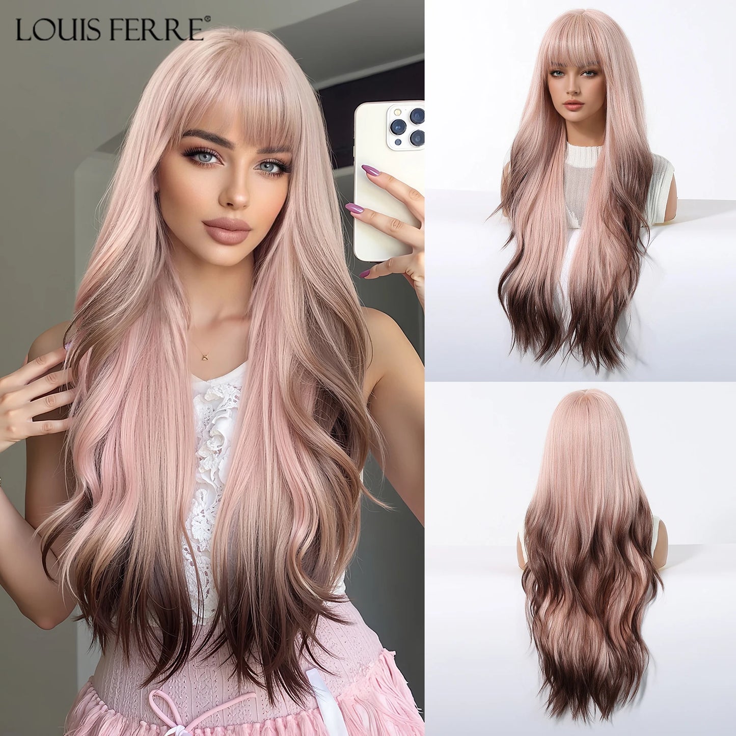 LOUIS FERRE Brown Blonde Highlights Wigs For Women Daily Long Wavy Curly Synthetic Wigs Natural Heat Resistant Hair With Bangs