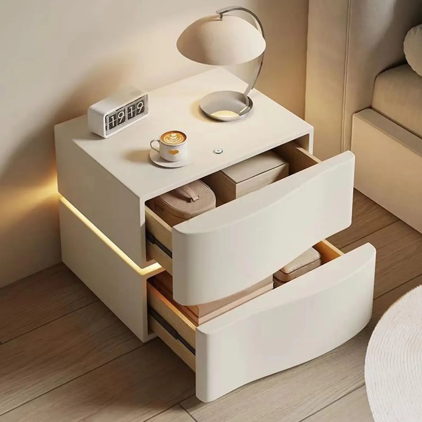 Modern Nightstand with LED Light, Leather Night Stand with Drawer, Solid Wood Bedside Table (2 Drawers, White)