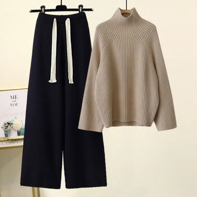 Plus Size Autumn Winter Women's Set New Lazy Style Sweater And Slimming Casual Pants Two Piece Set Trendy Elastic Knitted Fabric