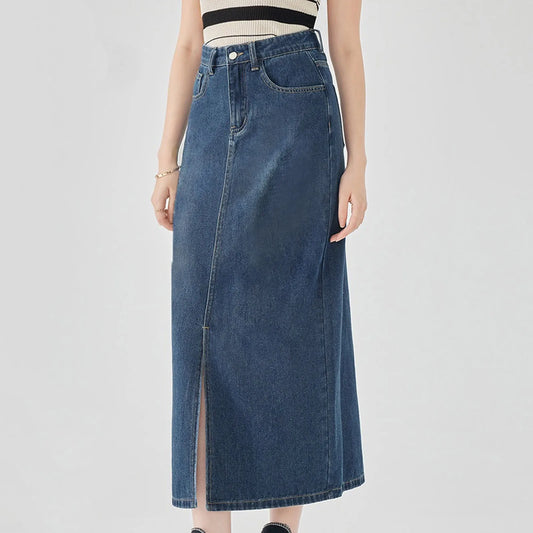 Washed Denim Skirt Long