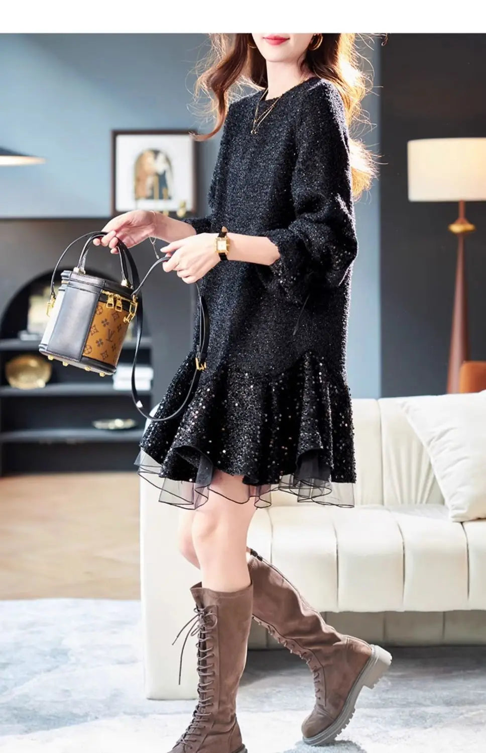Autumn New Fashion Office Lady Mini Dress Elegant O-Neck Lantern Sleeve High Waist Sequined Lace Slim A-Line Party