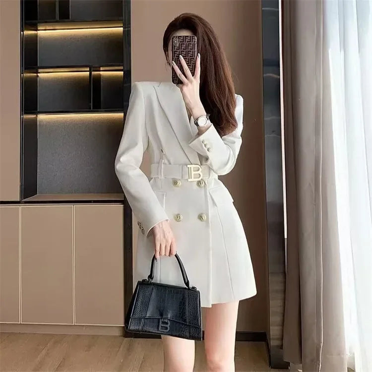 French Elegant Long Sleeve Suit Dress Waist-Cinching Short Size Professional Double-Buttoned Belted Coat