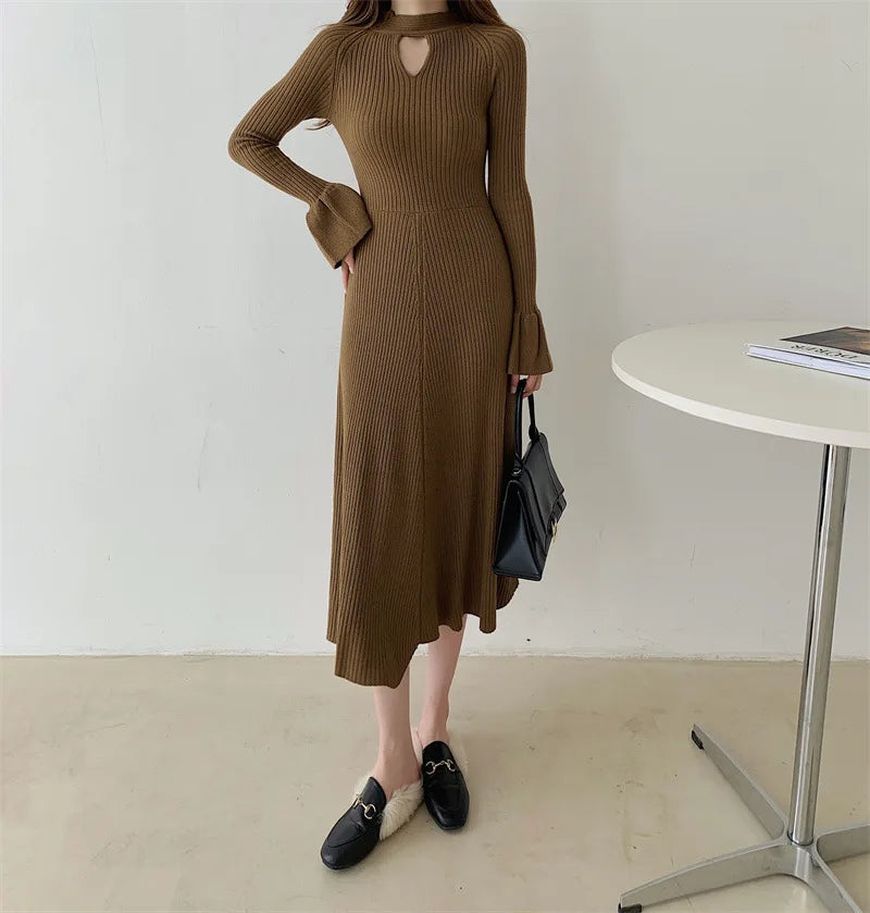 Elegant V-Neck Knitted Dress Slimming Long Skirt High Waist Bell Sleeve Unique Design Autumn Winter Women's Fashion Dress