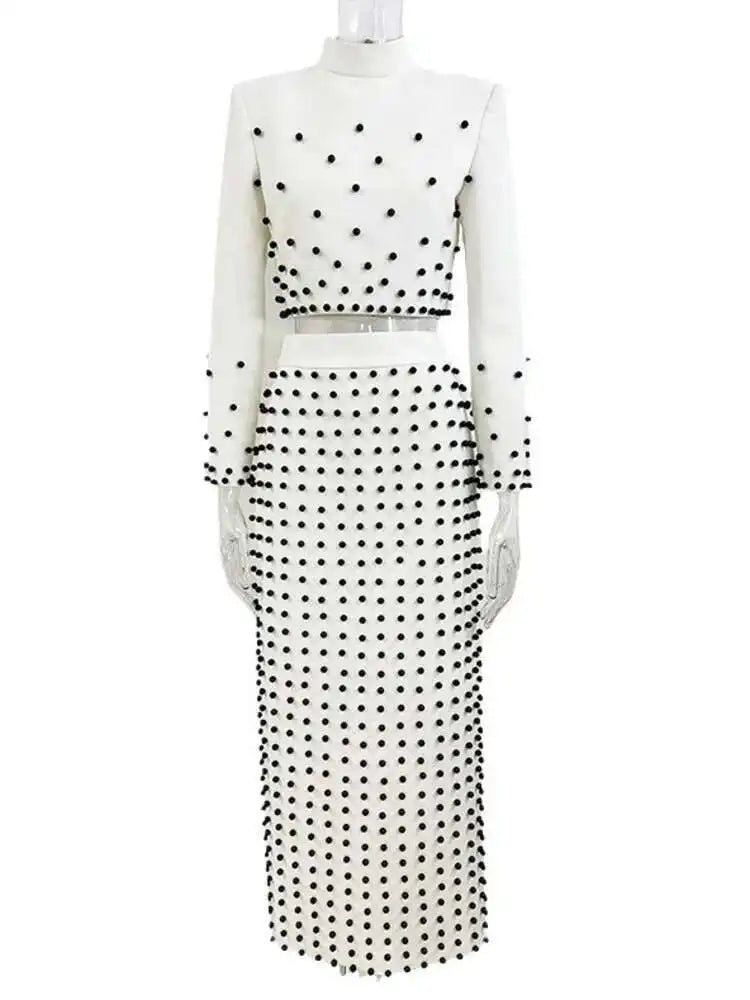 [Women's Beaded Design 2 Pcs Set Stand Collar High Waist Long Sleeve Sets Female Autumn